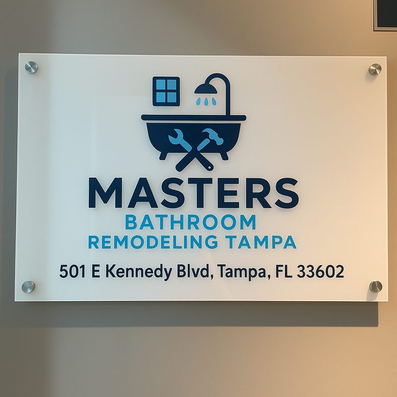 Masters Bathroom Remodeling Tampa sign with the company logo and the 501 E Kennedy Blvd, Tampa address